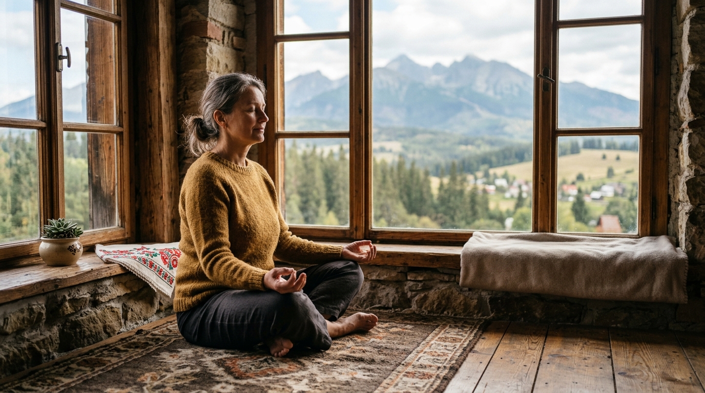 Človek v pokojnej meditačnej pozícii pri okne